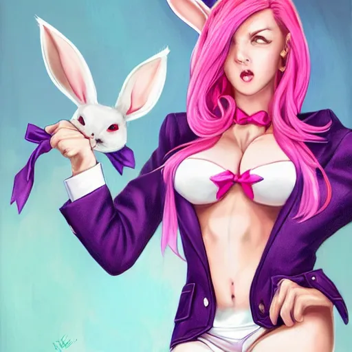 Prompt: portrait of bunnygirl with pink hair, large red eyes, and white rabbit ears wearing a purple suit with a red tie and a pink miniskirt, character design by ross tran, bo chen, rebecca oborn, michael whelan, artstation
