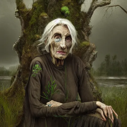 Image similar to fantasy portrait of an emaciated yet energetic old woman with silky, cloudy grey hair, black scars on her face, swamp vegetation in the background, nocturnal palette, art by greg rutowski, raphael lacoste, eddie mendoza, 4 k oil linen, soft green lighting