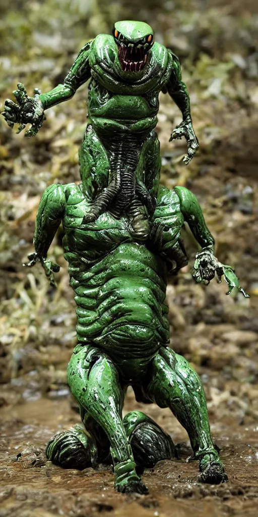 Image similar to bootleg figure of a fat plastic green acid xenomorph diorama drowning on the mud water, secondhand, mcfarlane, cursed photography, middle shot