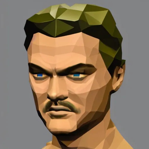 Prompt: Screenprint of a Resident Evil 1 game still (1999) low poly 3D model of Leonardo dicaprio