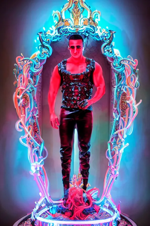 Prompt: full-body rococo and cyberpunk style neon statue of a muscular attractive Jay Sean sim roupa macho dotado e rico android sim roupa reclining con las piernas abiertas e la piroca dura e afuera, glowing red laser eyes, prince crown of red gears, diamonds, swirling black-colored silk fabric. futuristic elements. full-length view. space robots. red balloon animals. human skulls. intricate artwork by caravaggio. Trending on artstation, octane render, cinematic lighting from the right, hyper realism, octane render, 8k, depth of field, 3D