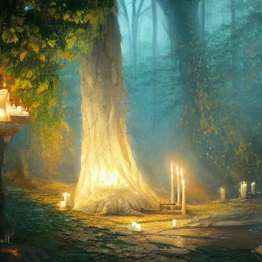 Image similar to Concept art, beautiful painting of a gingko tree, shining its light among candles, 8k, james gurney, greg rutkowski, john howe, artstation