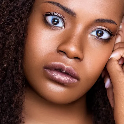 Image similar to a closeup portrait of a black woman with brown hair and brown eyes. Extremely clear and high quality eyes with reflection, realistic face and details, clear lips and high quality