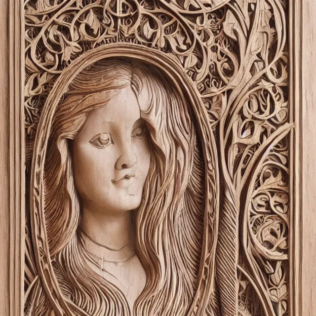 Image similar to a 3 d bas - relief wooden art nouveau carved sculpture of a young molly ringwald with long hair blowing in the wind, in front of a delicate tracery pattern, intricate and highly detailed, well - lit, ornate, realistic