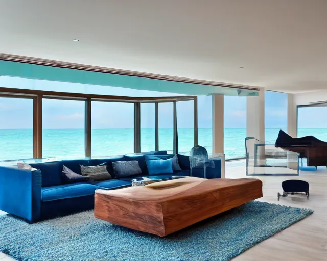 Prompt: A modern living room inspired by the ocean, a luxurious wooden coffee table with large seashells on it, amazing detail, 8k resolution, blue color, calm, relaxed style, harmony, wide angle shot