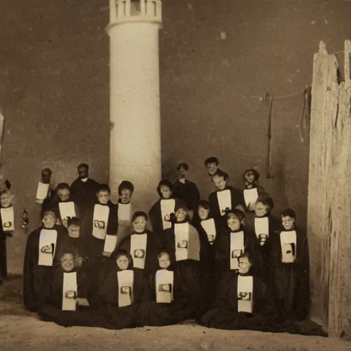 Prompt: worshippers dressed in robes and holding lanterns, belonging to the cult of the lighthouse. Dilapidated 1800s lighthouse. 1800s photo. Very detailed and clear image.