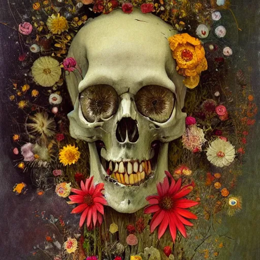 Prompt: 'Life from death' A beautiful detailed aesthetic horror painting depicting 'A skeleton with plants and flowers growing all over it, birds and bees flying all around it' by Odilon Redon and giuseppe arcimboldo, Trending on cgsociety artstation, 8k, masterpiece, cinematic lighting.