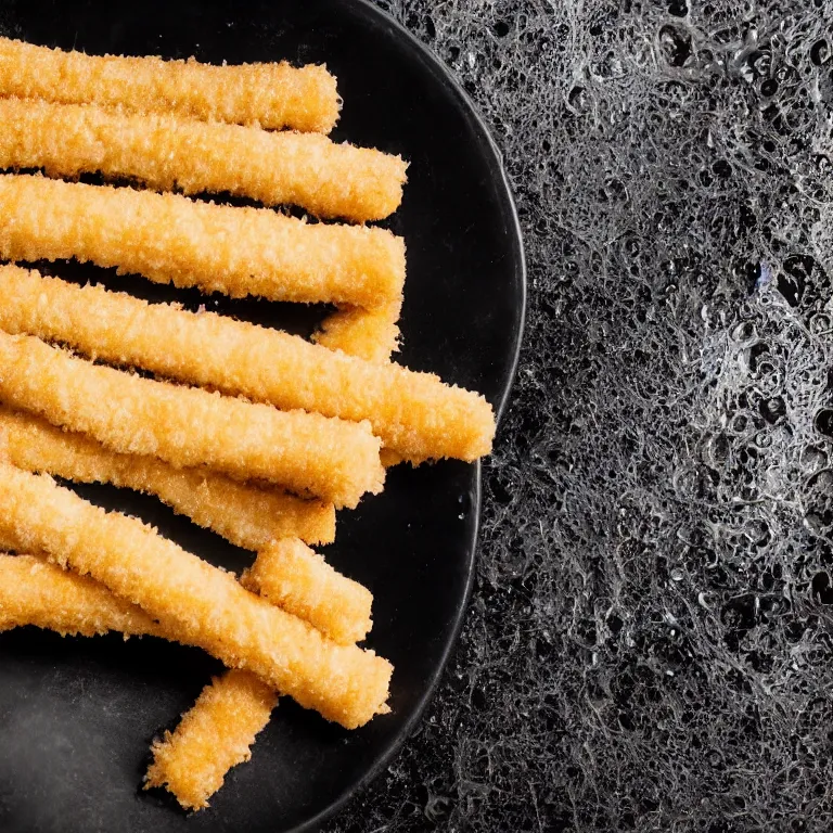 Image similar to Soaking wet soggy fish stick drenched with a stream water from a faucet on a moist wet plate. Very wet delicious crusty fish sticks. Macro lens close up 4K food commercial shot