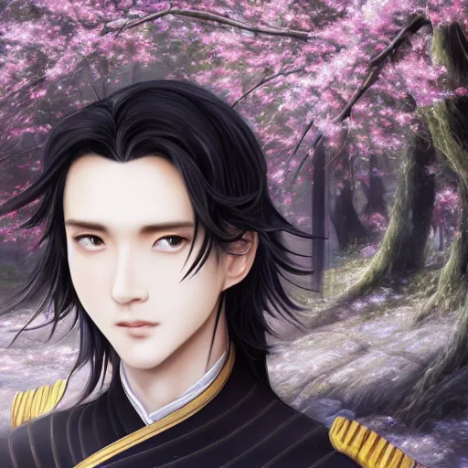 Prompt: a young beautiful prince, golden eyes, long black hair, white hanfu, elegant, intricate, backlit, incredible lighting, strong rim light, subsurface scattering, hyper realistic anime, beautiful landscape, cherry trees, highly detailed digital painting, by Heise Jinyao, Heise-Lian Yan Fang, Feimo, Rossdraws, Sakimichan HDRI, vivid colors, high contrast, trending on artstation 8k