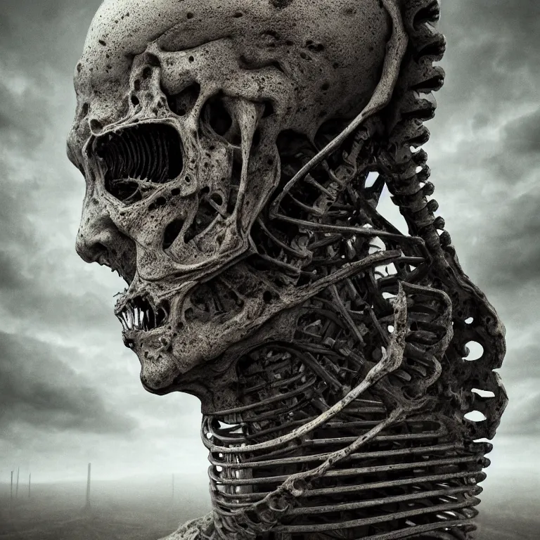 Image similar to ribbed spinal robot face portrait, baroque painting, standing in a desolate empty wasteland, creepy, nightmare, dream-like heavy atmosphere, surreal abandoned buildings, beautiful detailed intricate insanely detailed octane render, 8K artistic photography, photorealistic, chiaroscuro, Raphael, Caravaggio, Beksinski, Giger