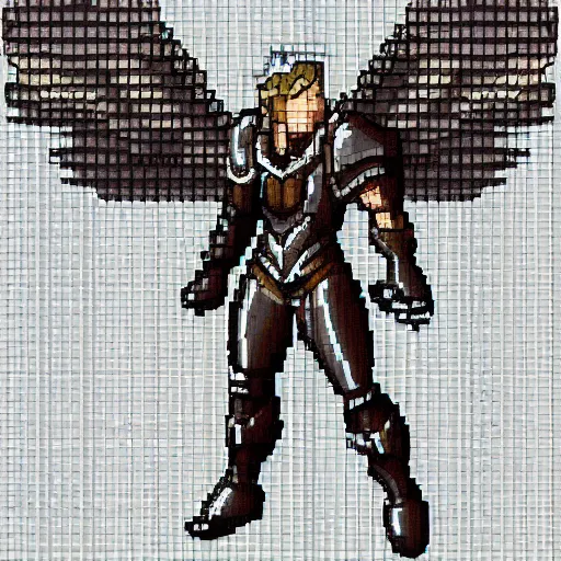 Prompt: an angel, super nintendo game sprite, symetric, barroque armor, platinum, grey armor
