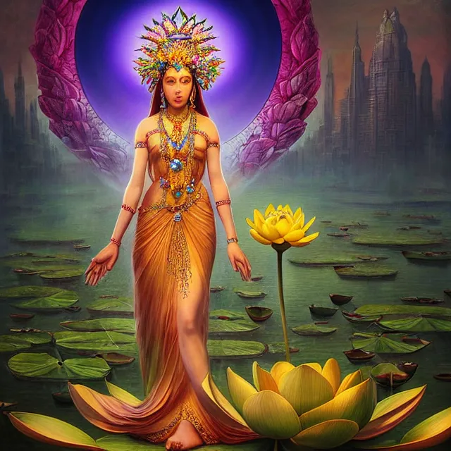Prompt: Beautiful 3d render of the flower queen goddess on a giant lotus, centered, symmetry, with the third eye on her forehead, painted, intricate, volumetric lighting, beautiful, rich deep colours masterpiece, sharp focus, ultra detailed, in the style of Markr yden and marc simonetti, with a clear crowded futuristic cyberpunk dubai city in the background, astrophotgraphy