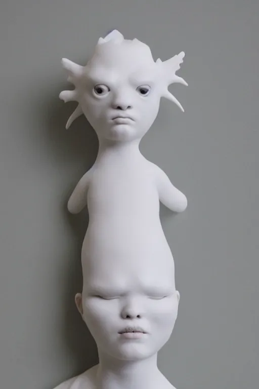 Prompt: full head and shoulders, beautiful female porcelain sculpture mixed with an axolotls, by daniel arsham and raoul marks, smooth, all white features on a white background, delicate facial features, white eyes, white lashes, detailed white 3 d lizards on the head