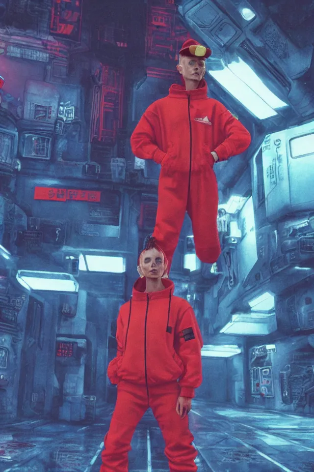 Image similar to CHAPPIE In A Red Adidas Track Suit In Neo Tokyo with Die Antwoord, full figures, stormy weather, extremely detailed masterpiece, low-key neon lighting, artstation, 2001: A Space Odyssey, Roger Deakin’s cinematography, by J. C. Leyendecker and Peter Paul Rubens and Edward Hopper and Michael Sowa