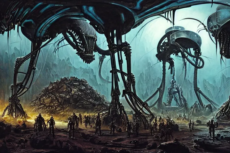 Image similar to Epic science fiction cavescape. In the foreground is soldiers in battle-armor searching, in the background alien machinery and alien eggs. The skeleton of a gigantic alien machine creature is between them. Stunning lighting, sharp focus, extremely detailed intricate painting inspired by H.R. Giger and Gerald Brom