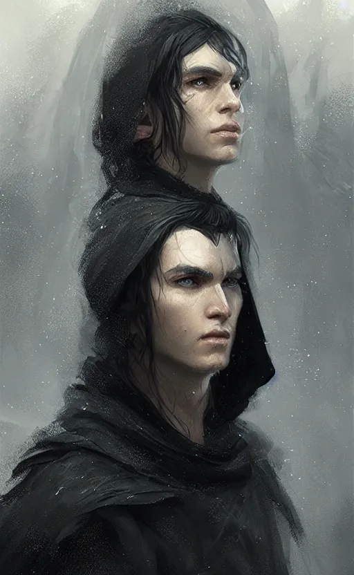 Image similar to Portrait of an elf in a black cloak, black hair, glowing eyes, male, detailed face, fantasy, highly detailed, cinematic lighting, digital art painting by greg rutkowski