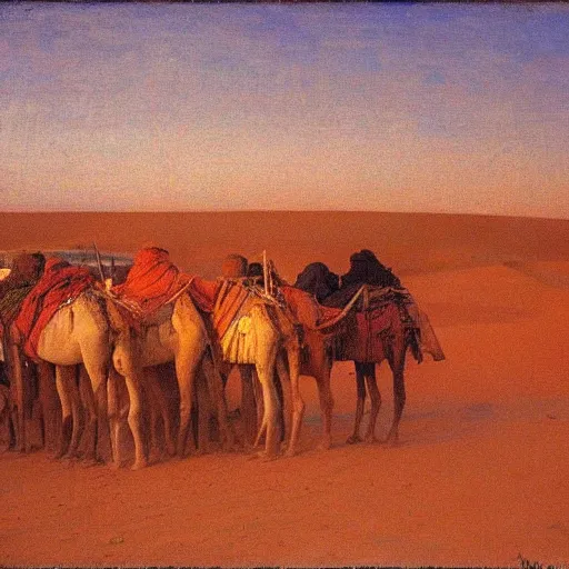 Image similar to camel caravan, timbuktu, by henry ossawa tanner, at sunrise