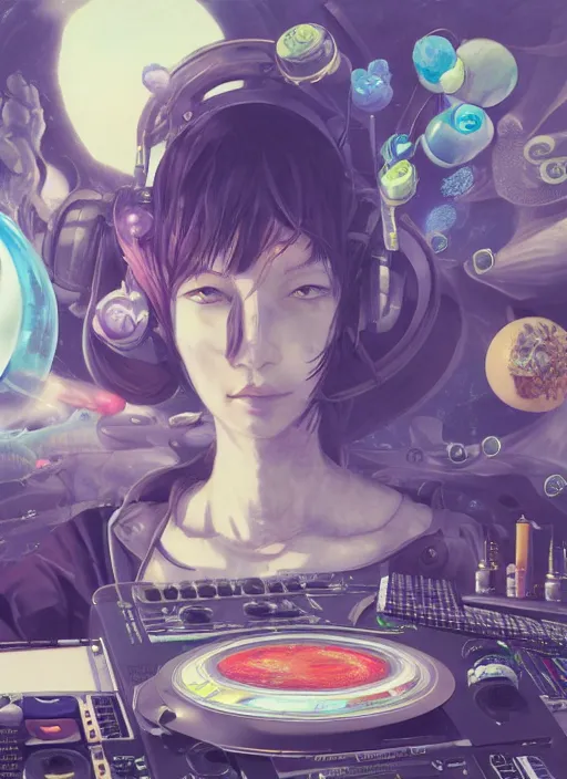 Image similar to surreal gouache painting, by yoshitaka amano, by ruan jia, by Conrad roset, by good smile company, detailed anime 3d render of a medicine pills Surrounded by a magical dragonfly and a big DJ Mixer, deck, portrait, cgsociety, artstation, rococo mechanical and Digital and electronic, dieselpunk atmosphere