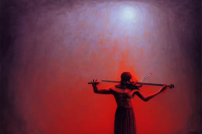 Image similar to surreal concept of the mystery musician with colored smoke playing a violin, in the style of rafał olbinski, in the style of beksinski, intricate and epic composition, red by caravaggio, insanely quality, highly detailed, masterpiece, purple light, artstation, 4 k