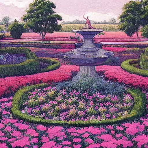 Prompt: a beautiful painting of a large perfectly cut hedge garden with fountains and statues in a field of flowers by moebius