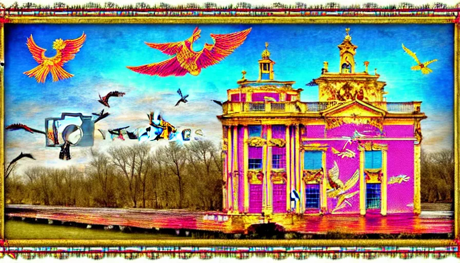 Prompt: HDR high resolution 8x. a stand-alone building along a river, seen from the long distance. maximalist mixed media paper and baroque embroidery fabric collage. huge flamish baroque birds flying. childrenbook illustration in pastel tones. matte background. no frame