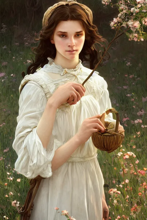 Image similar to beautiful cottagecore young peasant maiden, innocent, intricate, elegant, highly detailed, digital painting, artstation, concept art, smooth, sharp focus, illustration, art by artgerm and greg rutkowski and alphonse mucha