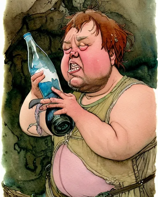 Image similar to a realistic and atmospheric watercolour fantasy character concept art portrait of a fat, chibi quigon jin drinking out of a bottle with pink eyes wearing a wife beater. by rebecca guay, michael kaluta, charles vess and jean moebius giraud
