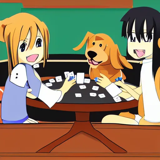 Prompt: Dogs sitting around the table playing poker, anime style, simple shading