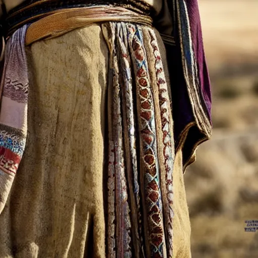 Prompt: Close up of a Kurdish shepherd wearing traditional Kurdish clothes in a movie directed by Christopher Nolan, movie still frame, promotional image, imax 70 mm footage