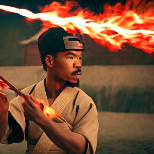 Image similar to cinematic film still of Chance The Rapper starring as a Samurai holding fire, Japanese CGI, VFX, 2022, 40mm lens, shallow depth of field, film photography