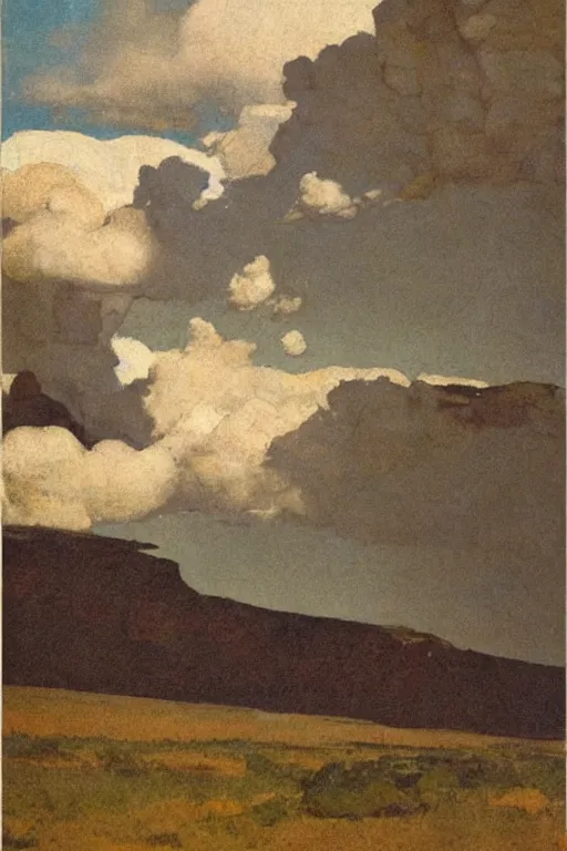 Prompt: towering cumulonimbus clouds looming over a mesa in a western landscape by howard pyle by nc wyeth