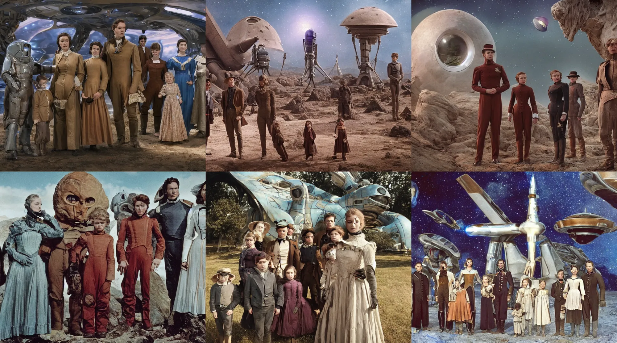 Prompt: 32k film still from a sci fi blockbuster color movie made in 2022, set in 1860, of a family standing in front of a spaceship that has just landed on an alien planet, a humanoid alien creature stands nearby, the family are all wearing 1850s era clothes, cinematic lighting, human faces, extremely good lighting, winner of seven oscars