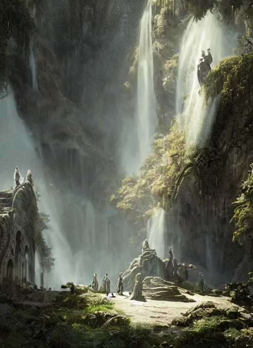Image similar to medieval adventurers in lord of the rings scenery landscape, inside an enormous overgrown cathedral, waterfall, reflections, magic portal in the sky, highly detailed, cinematic lighting, perfect composition, 4 k, gustave dore, derek zabrocki, greg rutkowski, belsinski, octane render, cgi