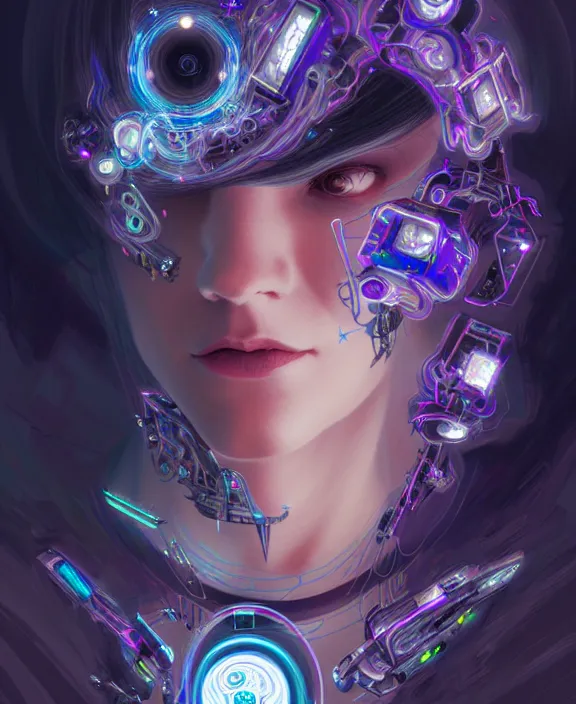 Image similar to a whirlwind of souls rushing inside the metaverse, hologram, half body, neurochip, shaved temple, piercing, jewelry, android, cyborg, cyberpunk face, by loish, d & d, fantasy, intricate, elegant, highly detailed, colorful, digital painting, artstation, concept art, art by artgerm and greg rutkowski and alphonse mucha