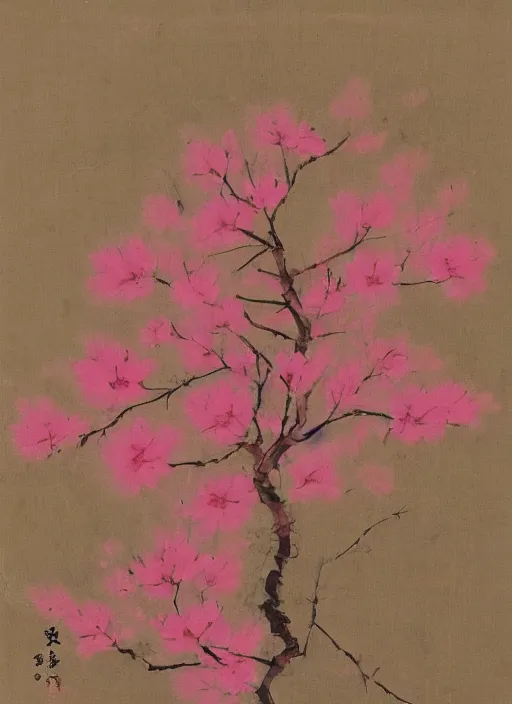 Image similar to a beautiful red-ish and pink-ish deformed sakura painted by an unknown artist, unknown artstyle, unknown date and year, undiscovered