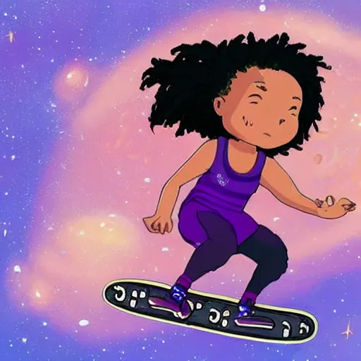 Image similar to black woman with purple dreads longboarding in space in the style of ghibli