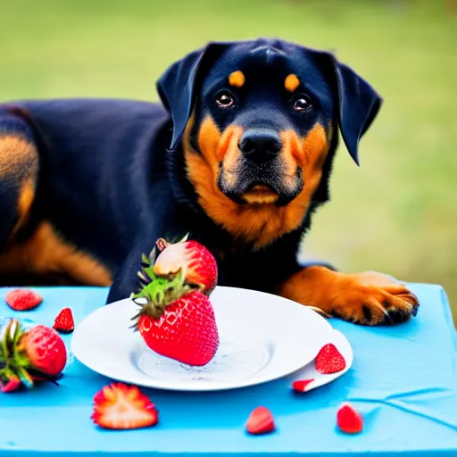 Prompt: a high - quality photo of a cute rottweiler with a half - eaten strawberry cake, 4 5 mm, f 3. 5, sharpened, iso 2 0 0, raw,