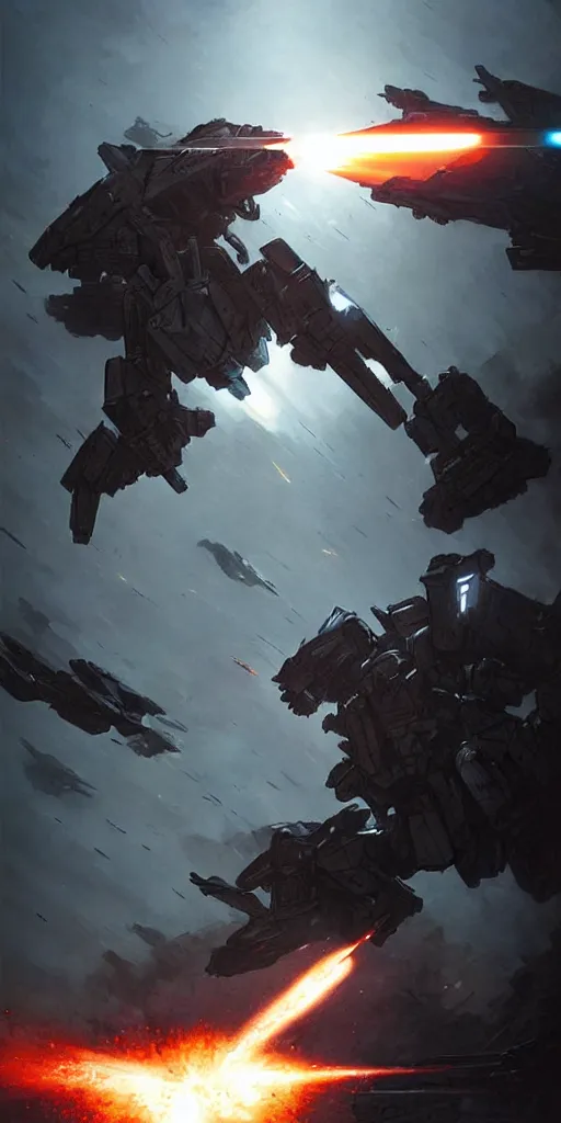 Image similar to an armored core v on the ground, booster flares, legs, laser rifles, karst landscape ; cinematic contrast, dynamic backlighting, sharp edge, motion blur, art by greg rutkowski