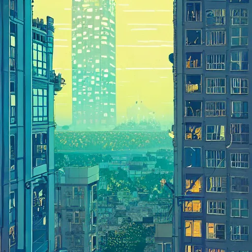 Image similar to A beautiful photo of the sunset behind a tall building , artstation, Long distance shooting , by Victo Ngai