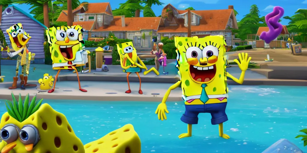 Image similar to SpongeBob stuck in sims 4. Octane render, 4k, 8k, unreal 5, very detailed, hyper realism, trending on artstation.