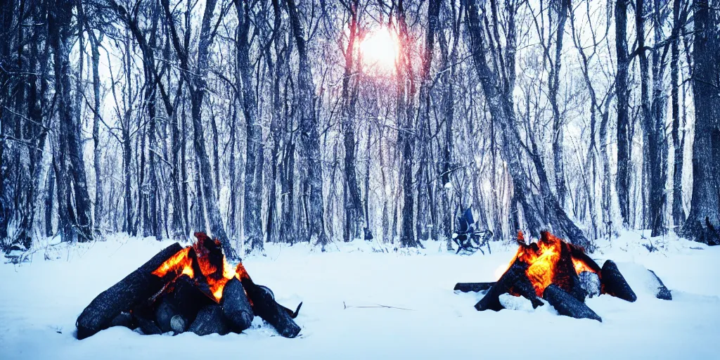 Prompt: survival in a winter forest, cinematic, cold tone, campfire