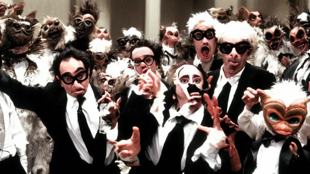 Image similar to Gremlins disguised as wall street traders and soundcloud rappers orchestrate black swan event stock market crypto crash, film still from Gremlins 3 directed by Joe Dante, Nathan Fielder and Groucho Marx