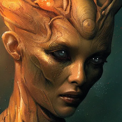 Image similar to portrait of an alien queen from 5th dimension, by Greg Rutkowski. Extremely detailed, digital art