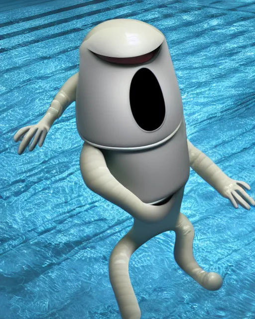 Image similar to a cursed image of clippy from ms office in a dark, closed swimming pool, really scary, looking this way.