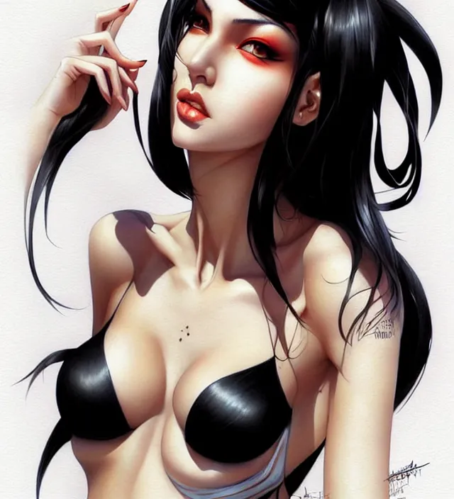 Image similar to portrait of beautiful tall girl cosplay with black hair in bikini without black strong makeup and full body tattooed and high heels and clothes fully on, art by ( ( ( stanley artgerm lau ) ) ) and artgem and wlop and magali villeneuve and karol bak and gennady ulybin and alena aenami