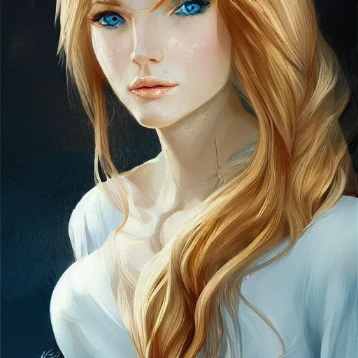 Prompt: portrait of a woman, long blonde hair, blue eyes, white dress, elegant, highly detailed, artstation, concept art, professional illustration,