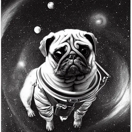 Image similar to pencil art, golden - ratio, spirals, highly detailed, astronaut pug in outer space by davinci.