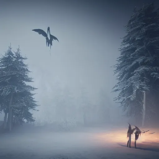 Image similar to the wild hunt, unholy spectres riding in the sky, grim reapers, bad omen, enchanted forest, blizzard storm, fog, full moon, snowy environment, in the style of the witcher series, hyperrealism, breathtaking, award winning, groundbreaking, octane render, unreal 5, intricate digital art, 8 k high resolution