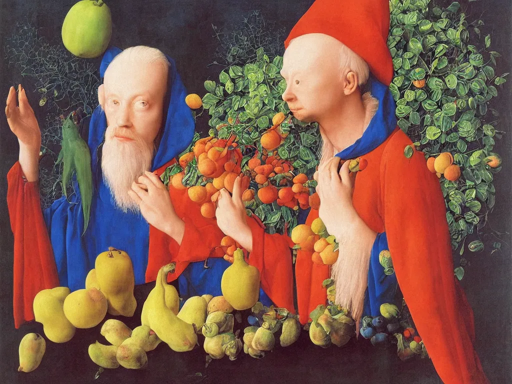 Image similar to Portrait of albino mystic with blue eyes, with exotic beautiful fruit Painting by Jan van Eyck, Audubon, Rene Magritte, Agnes Pelton, Max Ernst, Walton Ford