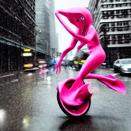 Image similar to hyper realistic, photo, humanoid pink female Squid girl, popping motorcycle wheelie on fast in the rainy city traffic